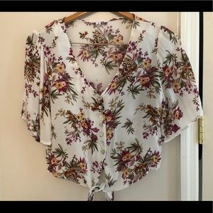 slightly cropped tie-front white floral shirt